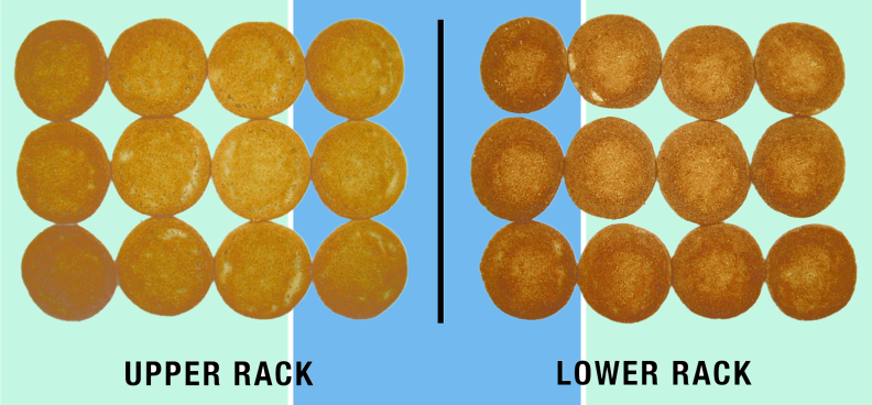 Bottom sides of sugar cookies: left side lighter than right side.