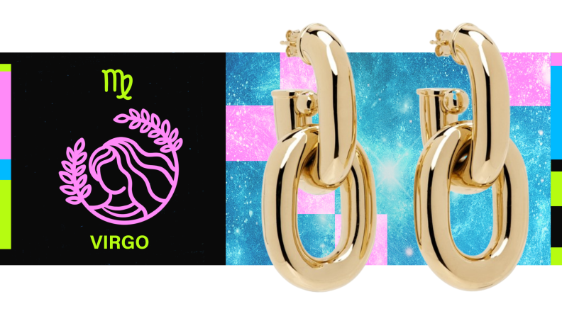 On the left is the symbol for Virgo, and on the right is a pair of gold chain-link earrings.