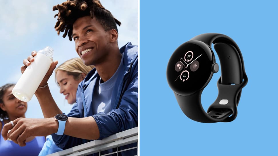 A photo of a man wearing the Google Pixel Watch 2 while drinking from a water bottle on the left, and a product photo of the Pixel Watch 2 on a blue background on the right.