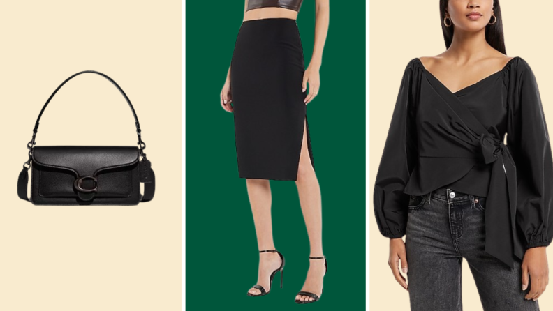 A black purse, a model wearing a black pencil skirt, and a model wearing a black off-the-shoulder blouse.