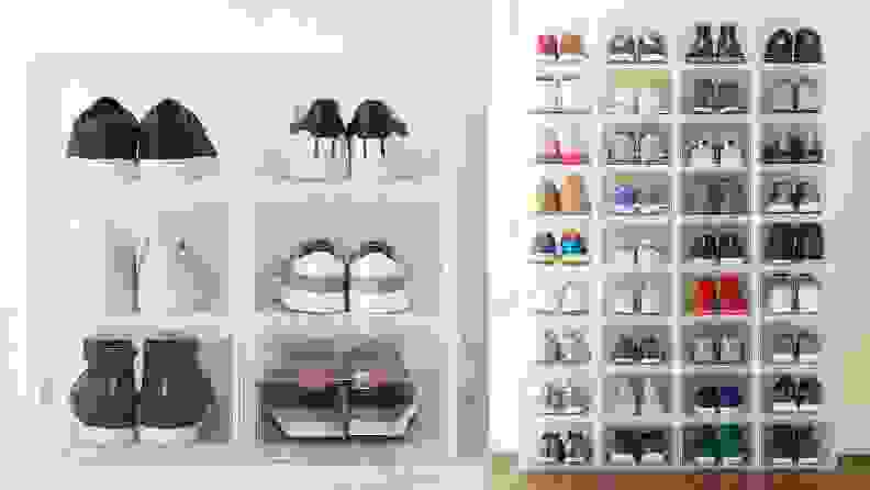 Plastic shoe storage containers against wall with shoes inside.