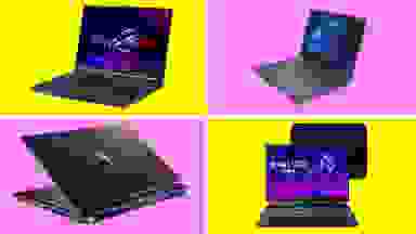 Four different gaming laptops in front of colored backgrounds.
