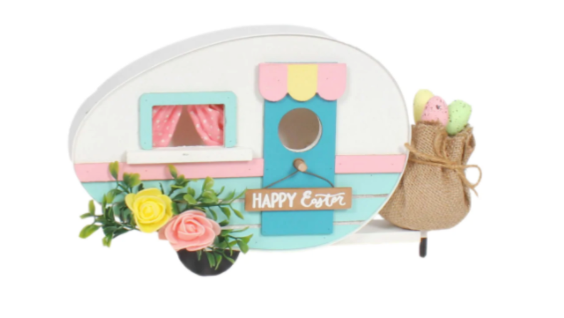 A colorful wooden trailer for Easter