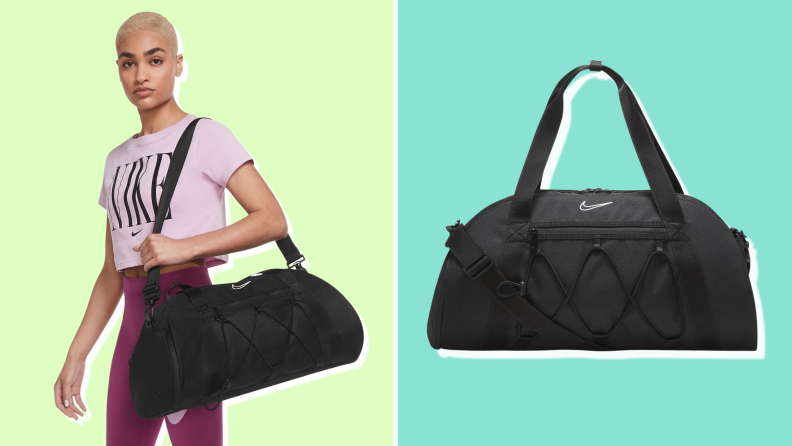 A woman with the Nike One Club Duffel Bag on her shoulder and the Nike One Club Duffel Bag by itself.