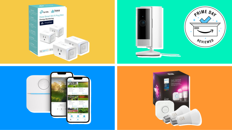 Various smart home devices, including a set of Kasa plugs and a Ring camera, on colorful backgrounds.