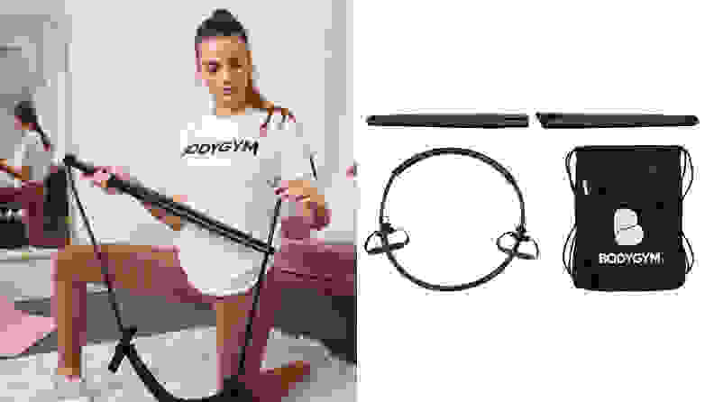 A woman setting up her Bodygym and an image of the Bodygym equipment.