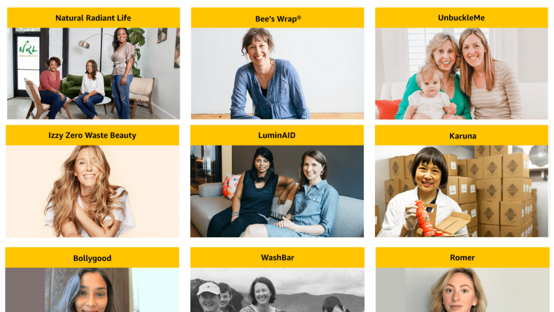 An image of several of the brands featured on Amazon Launchpad for Women's History Month.