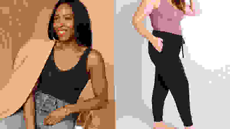 left: woman wearing knix luxelift tank right: woman wearing knix modal lounge pant