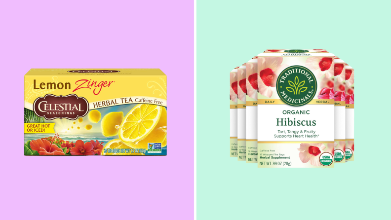 A box of Celestial Seasonings Lemon Zinger tea on the left against a lavender background. A box of Traditional Medicinals Organic Hibiscus tea on the right against a mint green background.