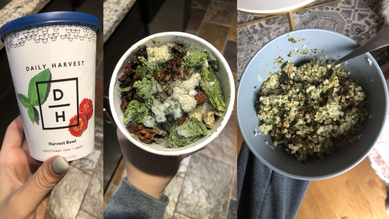 Three images of a Daily Harvest bowl: its packaging, the lid removed, and the bowl plated and ready to eat.