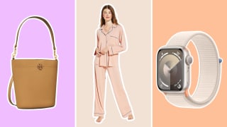 Tan Tory Burch handbag, pink Eberjey pajamas, and a white Apple Watch Series 9 on a colorful background