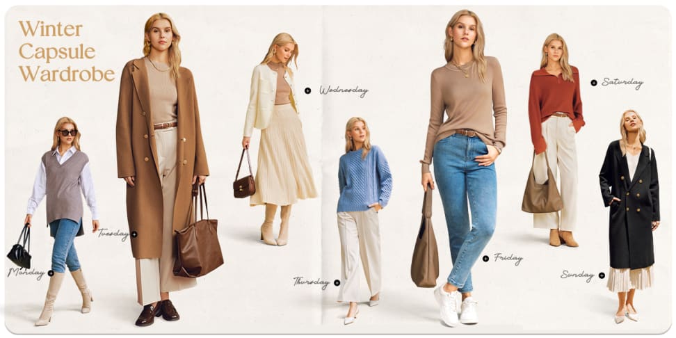 Magazine spread with a blonde woman modeling 7 different winter outfits in beige, blue, black, and red