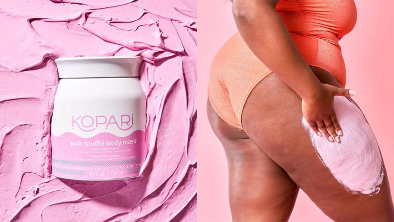 On left, pink body mask product container in front of pink background. On left, person in underwear using hand to smooth moisturizer into thigh.
