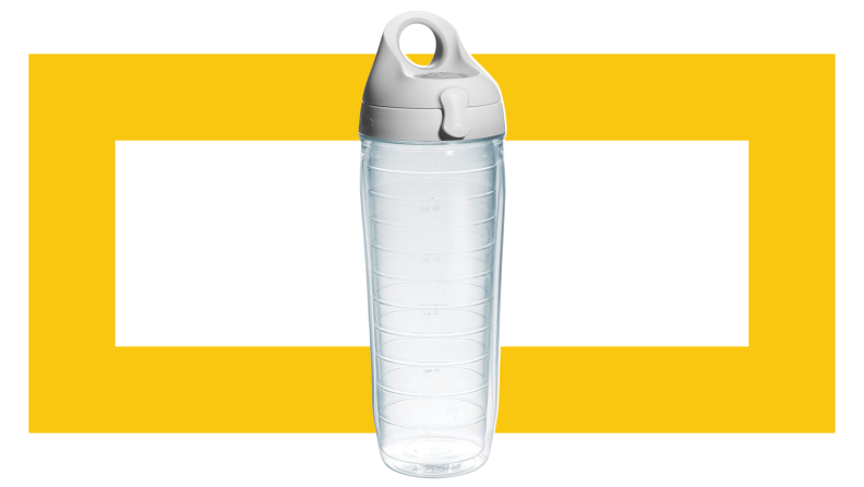 A Travis water bottle with gray top