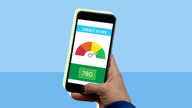 A smartphone being held in a hand displaying a credit report against a blue background.