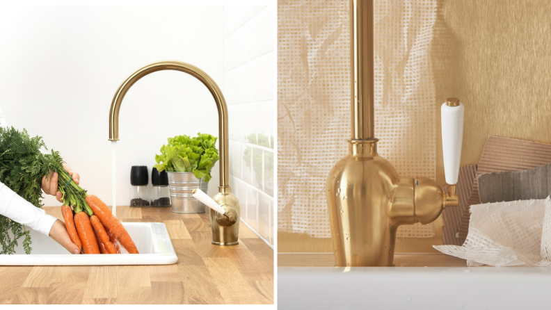 Ikea's Insjon faucet is yellow gold and porcelain