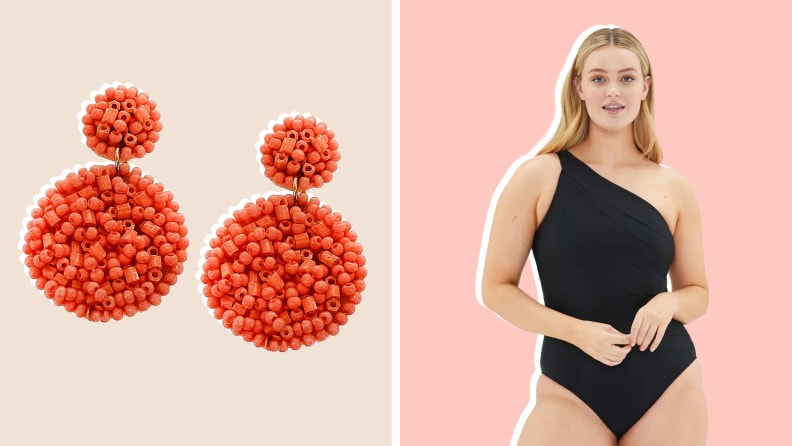 On left, coral beaded drop earrings on a beige background. On right, model wearing black one-piece swimsuit.
