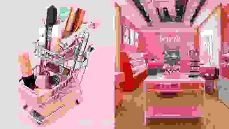 (left) A tiny shopping cart full of Benefit Cosmetics. (right) A glimpse at a Benefit Cosmetics showroom.