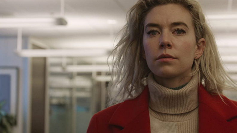 A still from the film Pieces of a Woman that features Vanessa Kirby facing the camera.