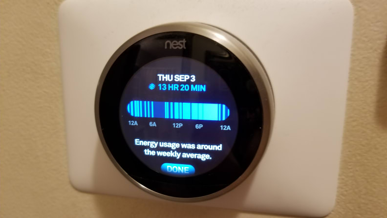 Nest thermostat displaying the previous day's usage