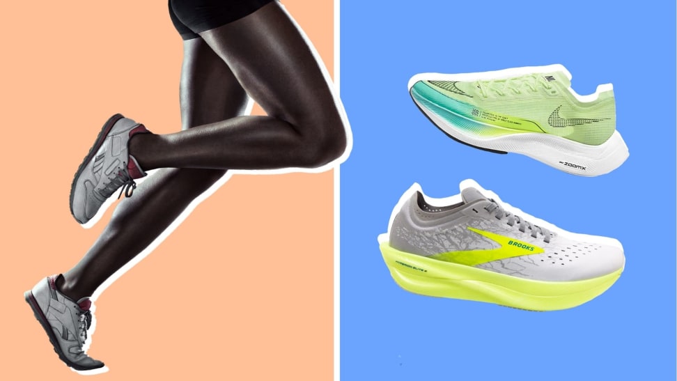 A photo of legs running on the right and a photo of Brooks and Nike super shoes on the right
