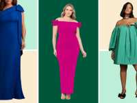 Collage image of women wearing a blue gown, a pink gown, and a green pleated dress.
