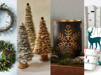 Four images of winter holiday decorations for Christmas like wreaths, miniature trees, candles, and wrapping paper.