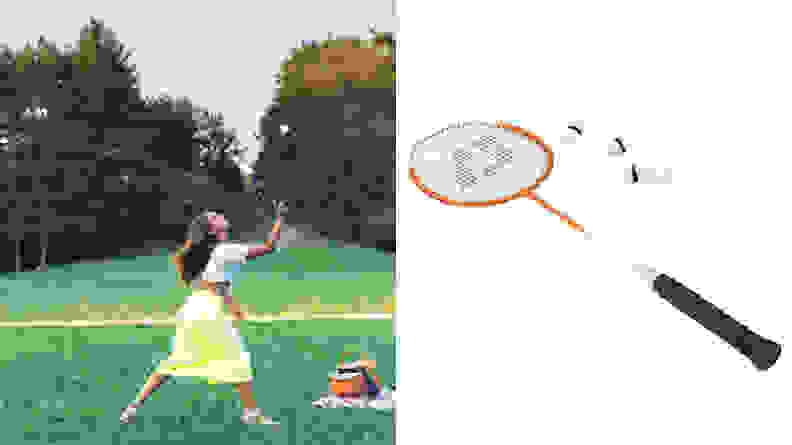 A woman hitting a badminton shuttlecock at a picnic and an image of a badminton racket and shuttlecock.