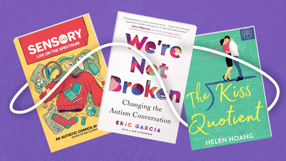 Cover imagery for Sensory, Life on the Spectrum, We're Not Broken, and The Kiss Quotient on a purple background