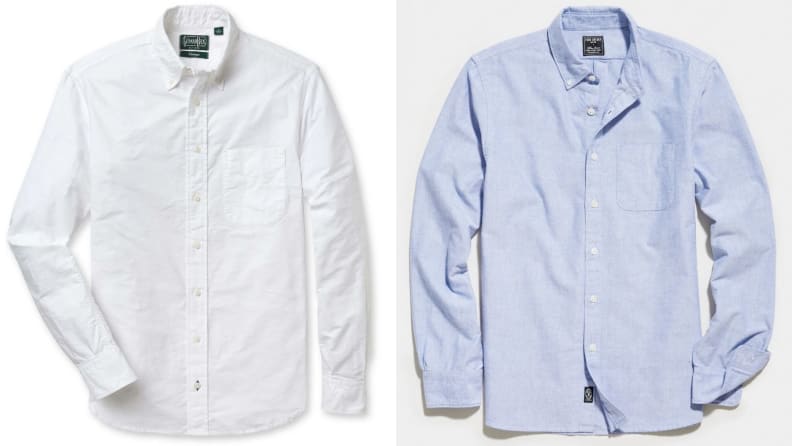 Photo of a white oxford button-down shirt made by Gitman Vintage, photo of a blue oxford button-down shirt made by Todd Snyder.