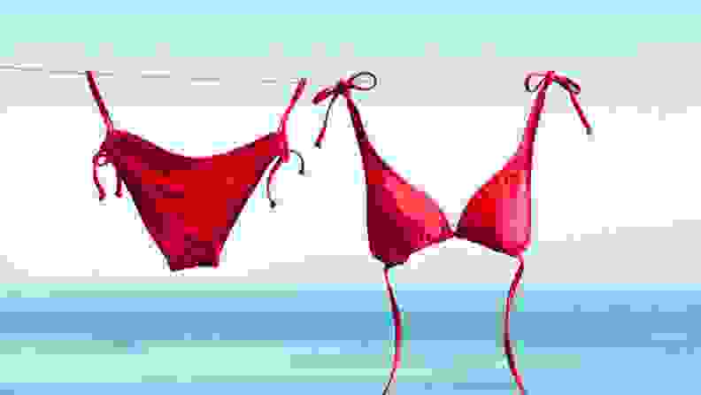 A red bikini on a clothing line