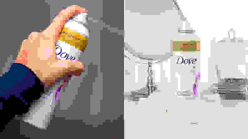 On the left: A hand holds sprays a Dove dry shampoo. On the right: The white Dove dry shampoo can stands on a vanity.