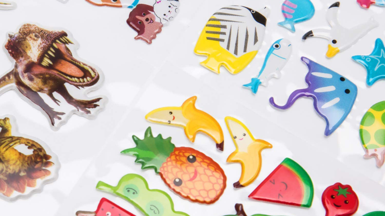 Puffy stickers shaped like fruits, animals, and fish