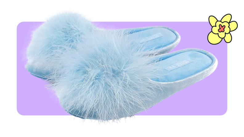 Blue fuzzy slippers on purple background