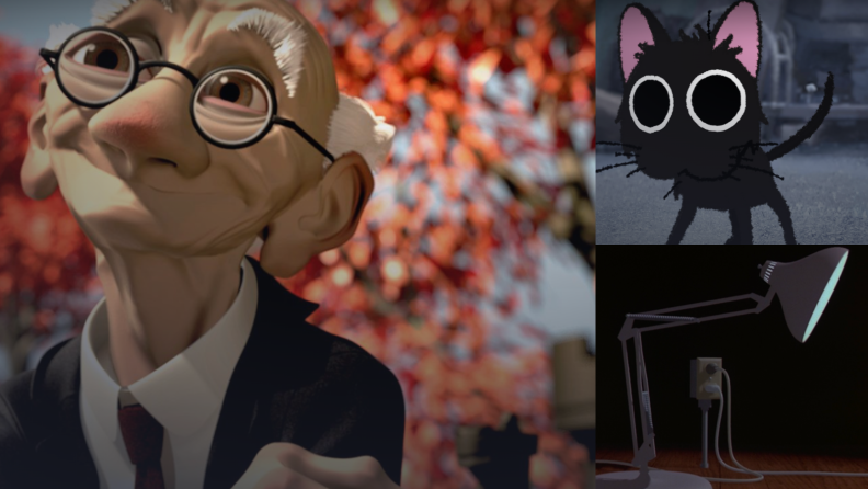 Three stills from various Pixar shorts.