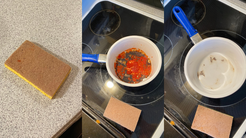 Before and after photographs of a natural sponge, a dirty pot, and the cleaned-up results.