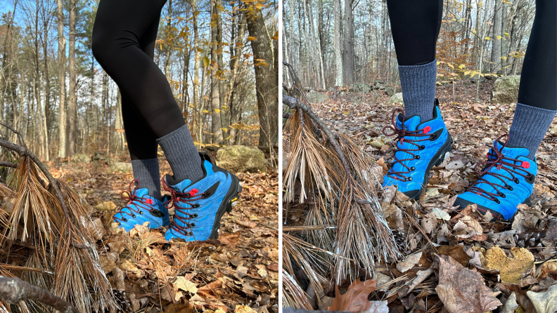 Two photographs of someone's legs, where she is wearing blue hiking boots.