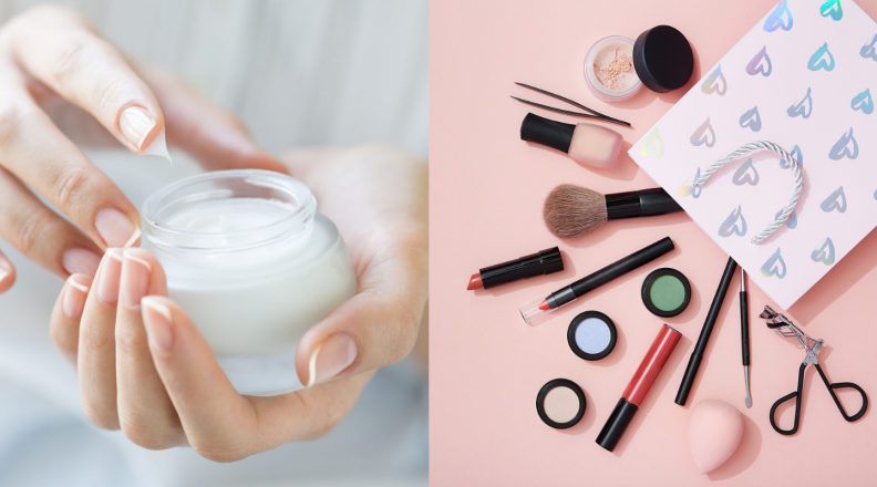 This image shows a side by side of face cream and a bag of makeup and supplies.