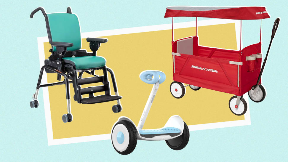 Three different types of wheelchair alternatives on a teal and yellow background.
