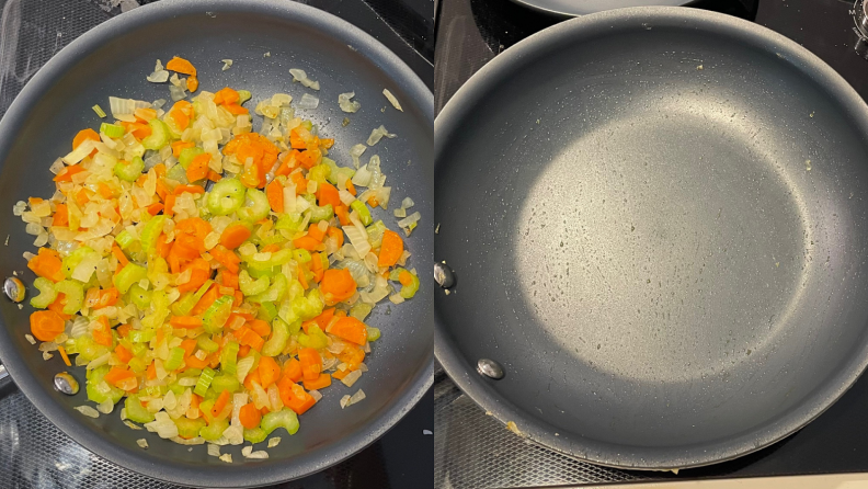 Chopped vegetables cooking in a skillet and an empty skillet.