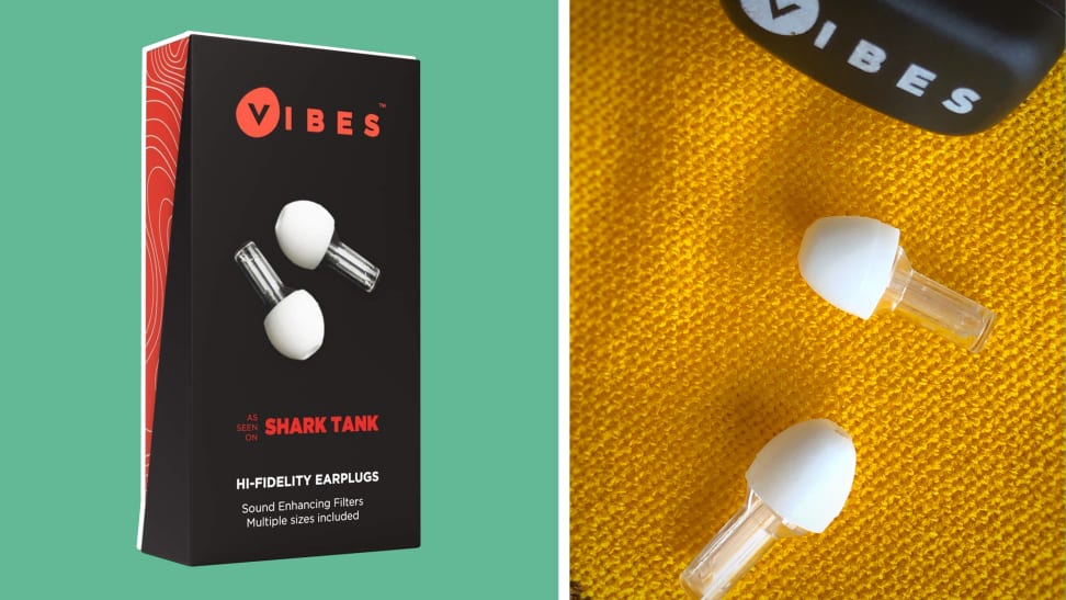 On left, product shot of the box packaging for Vibes Ear plugs. On right, white ear buds.