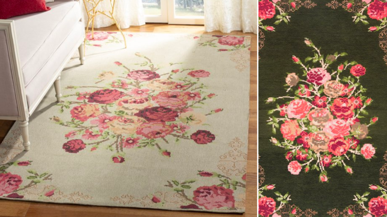 Two images of rugs with floral motifs.