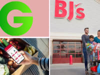 The Groupon logo in front of a colored background surrounded by BJ's Wholesale Club images.