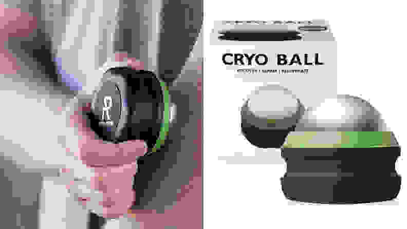 A man using the Phyya Rehab Cold Massage Roller Ball next to an image of the roller ball.