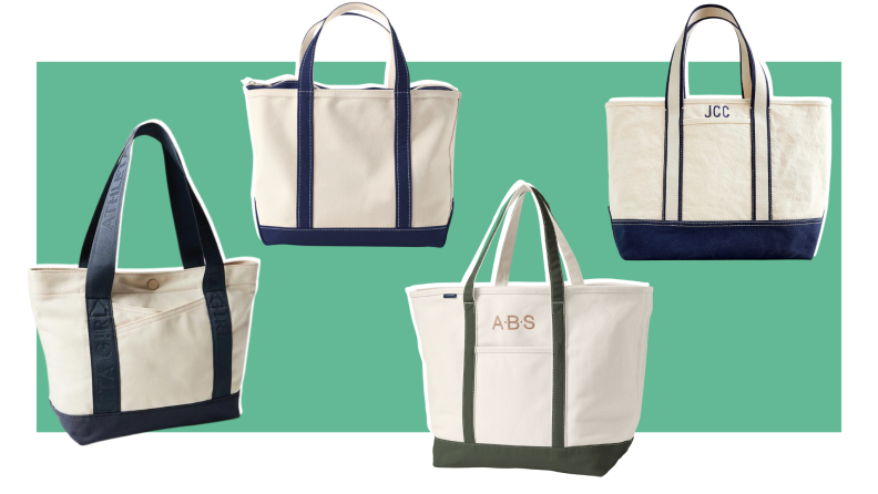 Four different brands of white totes bags, where some can get embroidery.