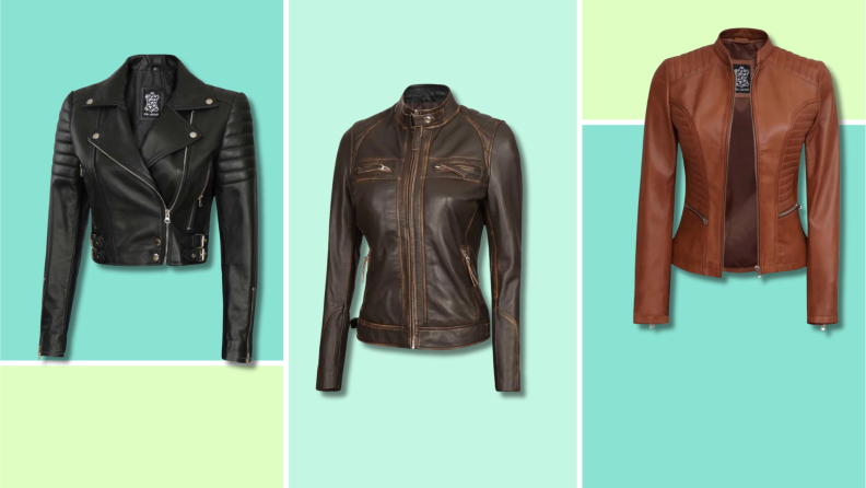 Three leather jackets on a green background.