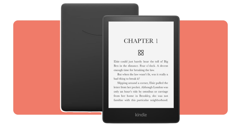 Front and back of a black Kindle Paperwhite e-Reader tablet.