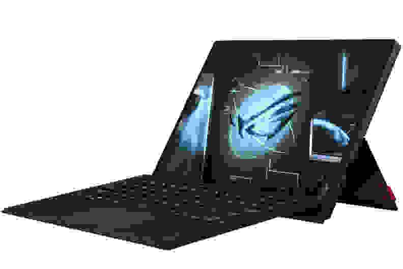 A three-quarter view of a black laptop/tablet with a keyboard