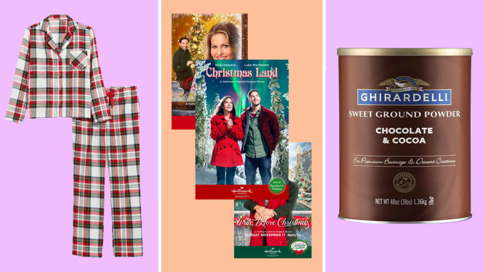 An image of a pair of plaid pajamas, several Hallmark Christmas film title cards, and a tub of Ghiradelli hot chocolate.