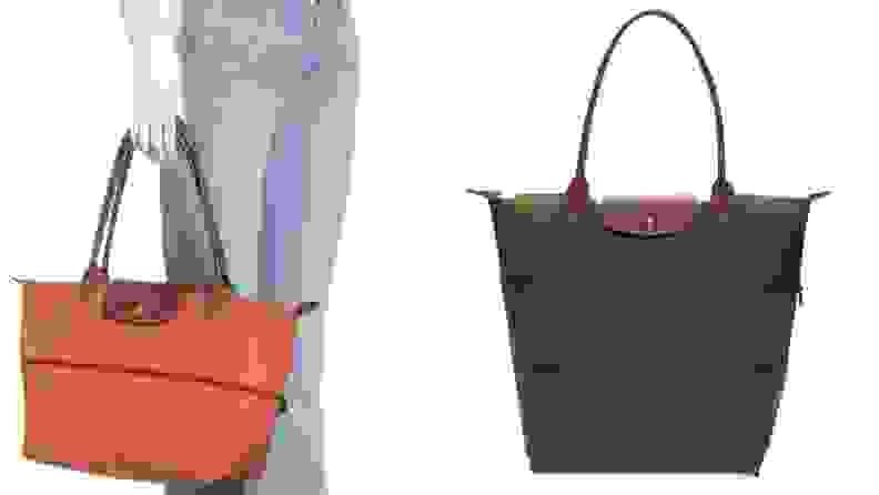 右图，一名女子手里拿着橙色的Longchamp Le Pliage伸缩包。右图为橄榄绿Longchamp Le Pliage膨胀钱包产品照片。